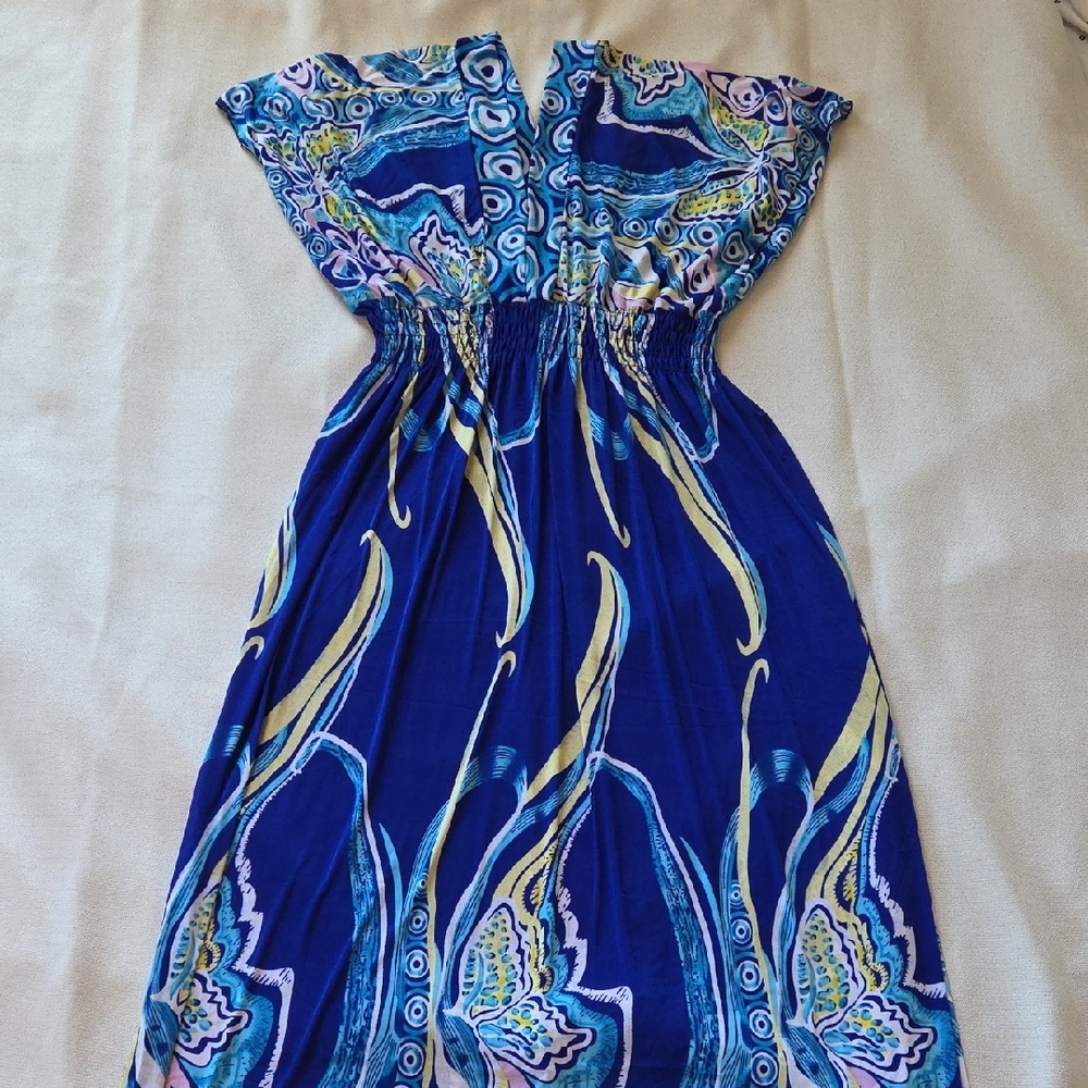 Hots Wing Smocked Maxi Dress Blue Floral Butterfly Ruffle Resort Size XL